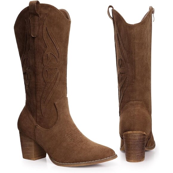 Women 1828-brown Suede leather Embroidered Country Heel Pointed Toe Booties - Picture 5 of 6